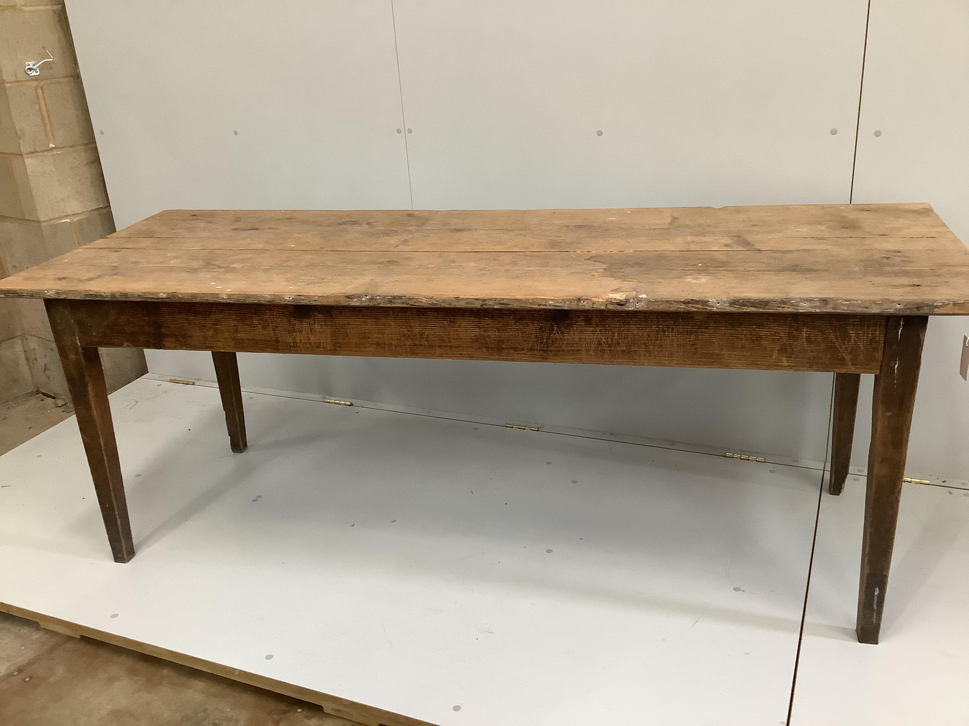 A 19th century French provincial rectangular elm kitchen table, length 200cm, depth 70cm, height 74cm